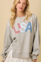 Main Strip OVERSIZED USA Letter Patched Terry Knit Top in Heather Grey