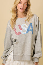 Load image into Gallery viewer, Main Strip OVERSIZED USA Letter Patched Terry Knit Top in Heather Grey
