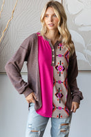 7th Ray Color Block Mixed Fabric and Print Top in Brown