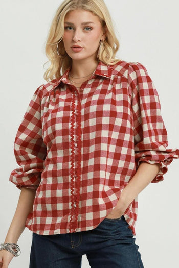 Umgee Gingham Ruffle Trim Button-Up Blouse in Red