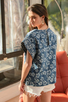 BiBi Textured Floral Top with Pearl Embellished Sleeve Cuffs in Denim