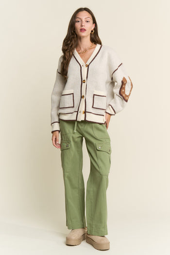 J.nna Soft Knit Horse Print Back Cardigan in Oatmeal Brown