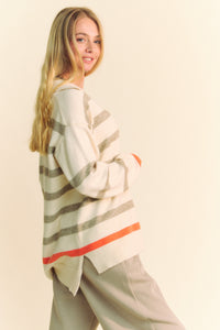 Davi & Dani Striped Loose Fit Collared Sweater in Cream Beige