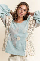 Davi & Dani OVERSIZED Hooded Mixed Fabric Top with Flower Patch in Light Blue Grey