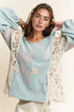 Load image into Gallery viewer, Davi &amp; Dani OVERSIZED Hooded Mixed Fabric Top with Flower Patch in Light Blue Grey
