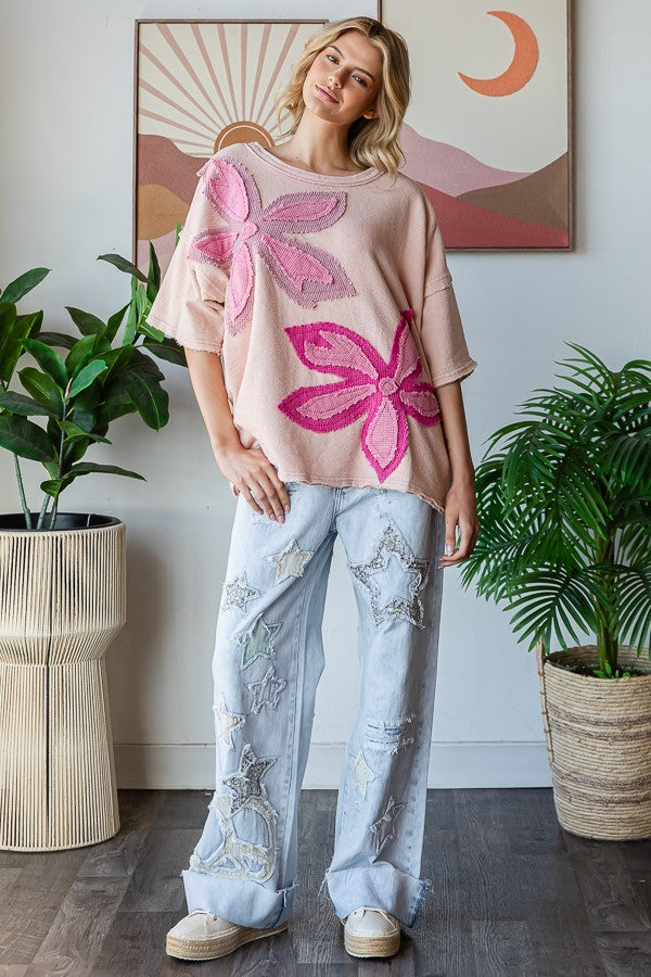 Oli & Hali OVERSIZED Contrasting Flower Patch Top in Blush – June Adel