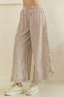 Veveret Breezy Stripe Linen Wide Leg Pants in Mocha Ivory