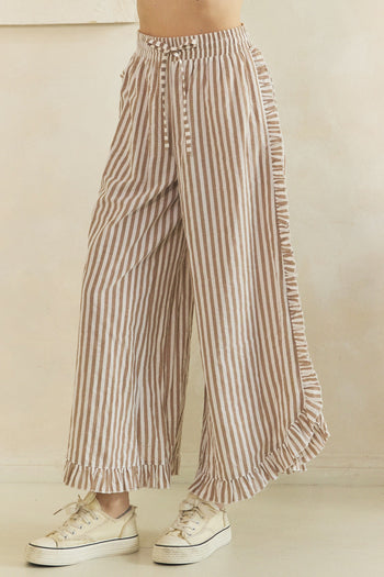 Veveret Breezy Stripe Linen Wide Leg Pants in Mocha Ivory