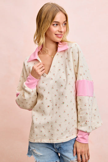 BiBi Floral Print French Terry V Neck Collared Top in Ivory/Pink