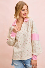 Load image into Gallery viewer, BiBi Floral Print French Terry V Neck Collared Top in Ivory/Pink
