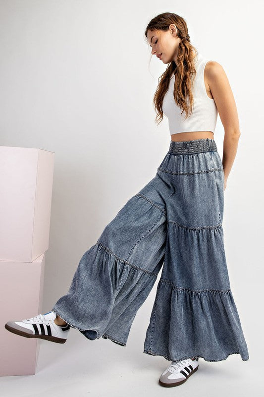 ee:some Snow Washed Tiered Wide Leg Pants in Denim – June Adel