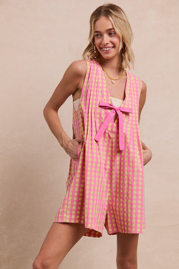 BiBi Contrasting Color Gingham Print Romper in Pink