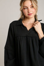 Load image into Gallery viewer, Umgee Cotton Gauze Collared V-Neck Top with Frays in Black
