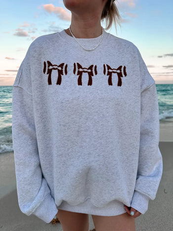 Embroidery Football Bows Sweatshirt in Pearl Gray