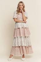 J.nna Color Block Tiered Floral Print Maxi Dress in Blush Cream Floral