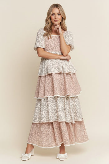 J.nna Color Block Tiered Floral Print Maxi Dress in Blush Cream Floral