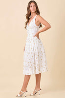 Main Strip 3D Floral Textured Fabric Midi Dress in White