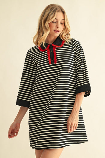 Jodifl Ruffle Accent Stripe Shift Dress in Red/Black