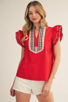 Jodifl Solid Color Woven Top with Plaid Accents in Red