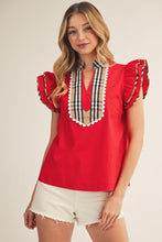 Load image into Gallery viewer, Jodifl Solid Color Woven Top with Plaid Accents in Red
