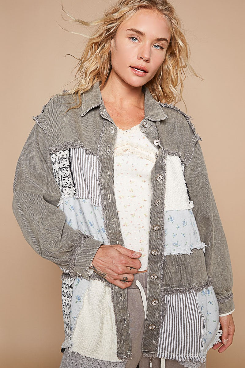 POL OVERSIZED Mixed Fabric Jacket in Charcoal