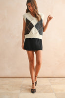 Miou Muse Argyle Pattern Soft Knit Sweater Vest in Cream Multi