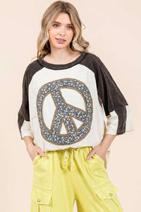 Mittoshop Color Block Top with Peace Sign Patch in Ivory/Black