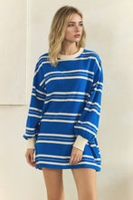 Load image into Gallery viewer, Veveret Coastal Breeze Stripe Sweatshirt Dress in Blue Combo
