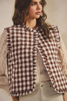 LovLov Ruffled Neck Checkered Vest in Mocha