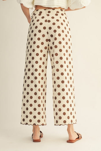 Jodifl Polka Dot Pants with Embroidered Scallop Edge Detail in Mocha
