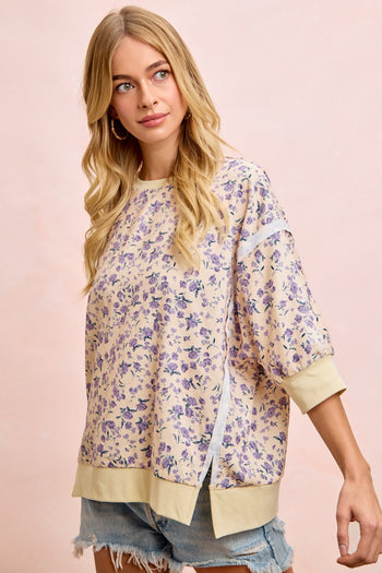 BiBi OVERSIZED Lightweight Corduroy Floral Print Top in Cream/Lavender
