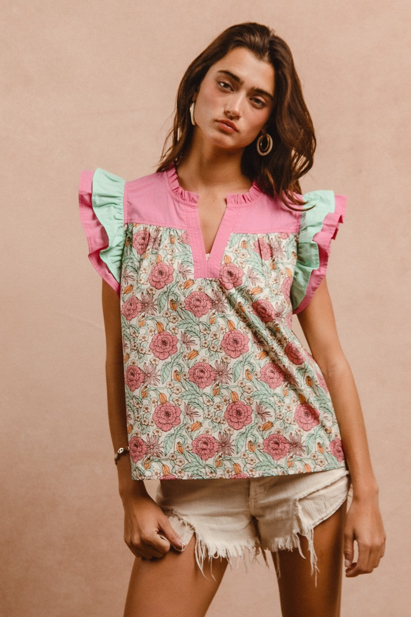 BiBi Floral Print Top with Contrasting Double Ruffle Sleeves in