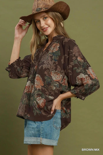 Umgee Floral Ruffle Neck Blouse in Brown Mix