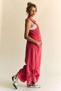 Davi & Dani French Terry and Contrasting Ribbed Knit Jumpsuit in Rose Pink