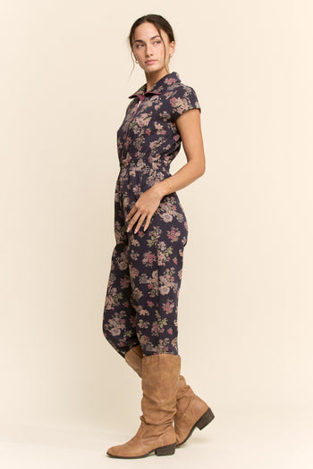 Davi & Dani Floral Print Scuba Zipper Front Jumpsuit in Navy