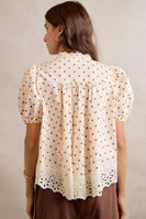 So Me Polka Dot Cotton Lace Trim Blouse in Beige/Brown