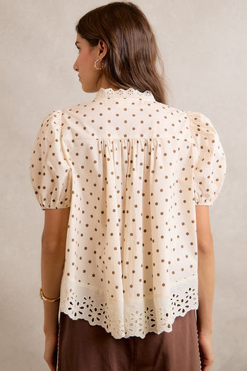 So Me Polka Dot Cotton Lace Trim Blouse in Beige/Brown