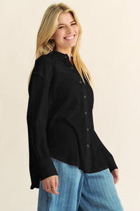 Davi & Dani Textured Knit Button Down Top in Black