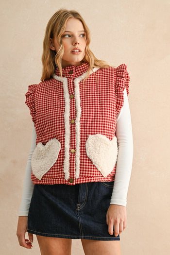 Miou Muse Gingham Vest with Sherpa Details in Red