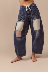 BiBi Multi Colored Patchwork Denim Barrel Jeans in Denim