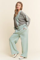 J.nna 2 Piece Knit Sweater Set with Ribbed Details in Light Grey Mint