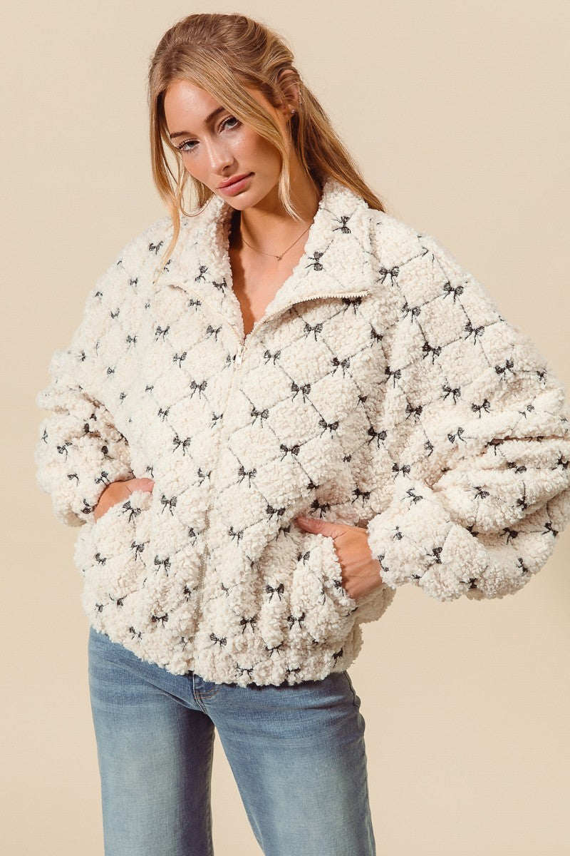 So Me Fleece Diamond and Bow Embroidered Jacket in Ivory