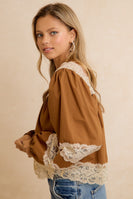 BiBi Solid Woven Balloon Sleeve Square Neck Blouse With Lace Trim in Camel