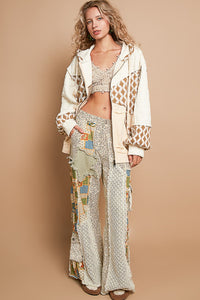 POL OVERSIZED Zip Up Hoodie Jacket with Mixed Fabric and Prints in Cream Multi