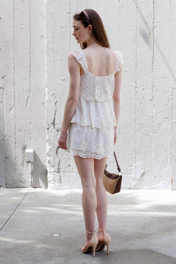 Storia Lace Tiered Mini Dress in Ivory