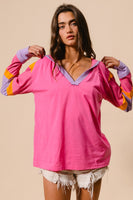 BiBi Color Block Jersey Knit and Ribbed Knit Hooded Top in Pink/Lavender/Orange