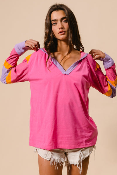 BiBi Color Block Jersey Knit and Ribbed Knit Hooded Top in Pink