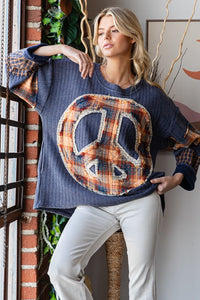 Oli & Hali Knit Top with Mixed Print Peace Sign Patch on Front in Blue