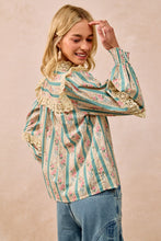 Load image into Gallery viewer, BiBi Stripe and Floral Print Top with Eyelet Lace Trim in Teal
