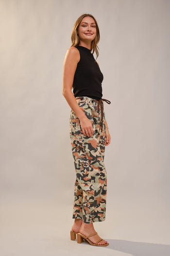 Blue B Camo Print Barrel Leg Pants with Grommet Waistband in Camo Mix